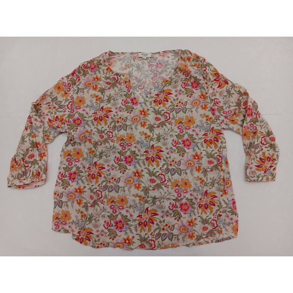 Marina Luna Floral Print V Neck 3/4 Sleeve Blouse Top Women's Size L Rayon